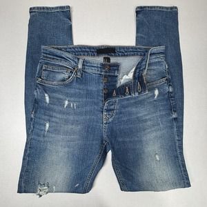 Forever‎ 21 Denim Men 32X30 Skinny Slim Distressed Button Fly Jeans Blue Emo EUC